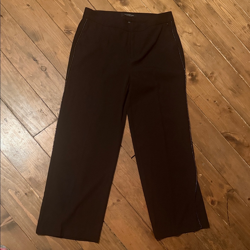 Liverpool Black Wide-Leg Pants with Rhinestone Side Trim